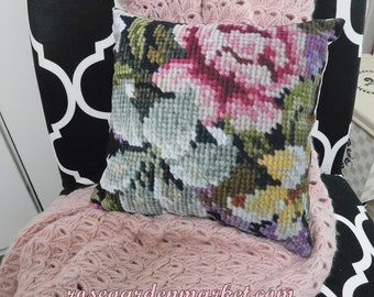 Photo Art Pillow, Vintage Cross Stitch Floral Design, 14" Square, Polyester Fabric and Stuffing, Cottage Home Decor Accent