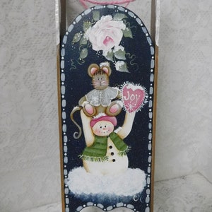 Hand Painted Snowman & Mouse Wood Sled: Holiday Home Decor