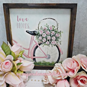 Love Blooms, Pink Bike Carrying a Basket of Pink Roses, Wood Canvas Sign with Stained Frame, OOAK, Shabby Cottage Wall Art, Romantic image 1