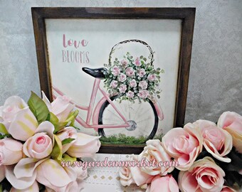 Love Blooms, Pink Bike Carrying a Basket of Pink Roses, Wood Canvas Sign with Stained Frame, OOAK, Shabby Cottage Wall Art, Romantic