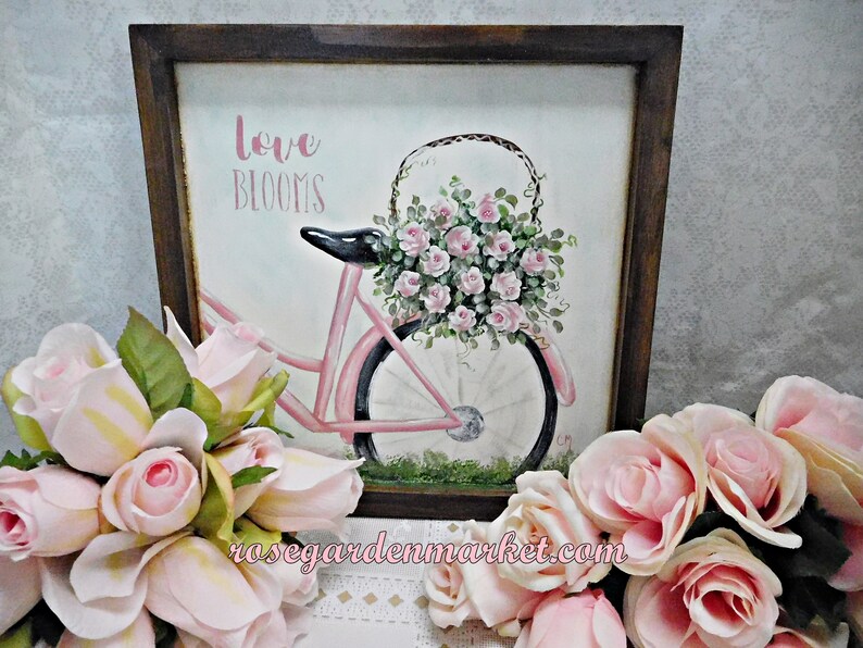 Love Blooms, Pink Bike Carrying a Basket of Pink Roses, Wood Canvas Sign with Stained Frame, OOAK, Shabby Cottage Wall Art, Romantic image 1