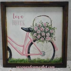 Love Blooms, Pink Bike Carrying a Basket of Pink Roses, Wood Canvas Sign with Stained Frame, OOAK, Shabby Cottage Wall Art, Romantic image 2