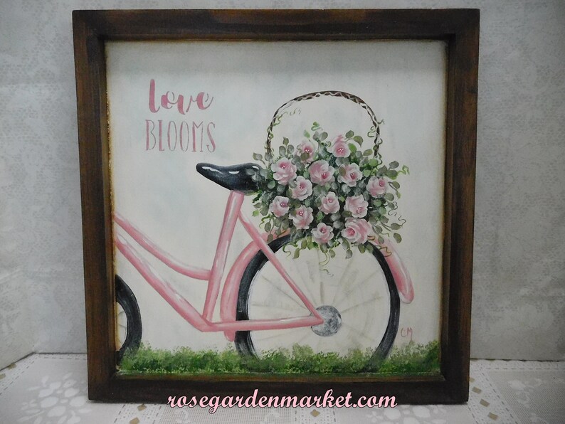 Love Blooms, Pink Bike Carrying a Basket of Pink Roses, Wood Canvas Sign with Stained Frame, OOAK, Shabby Cottage Wall Art, Romantic image 2