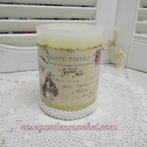 Faux Timer 5 Hour Candle, Hand Created, Glittered Vintage Graphic, Shabby Styling, Joyus Noel Carte Postale Wax Candle, Trims and Sealed