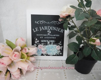 Le Jardinier Boutures Plantes Et Arbustes, Hand Painted Flat Black Canvas, Roses, Hydrangeas, Springtime French Inspired Wall Art OOAK Decor