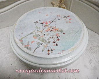 Small Round Wood Riser, Cottage Blue, Blooms, Distress, Spool Feet, Home Accent, Display Lift, Shabby Chic Decor, OOAK