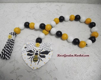 Bee Happy Bead and Heart Reversible Garland, Bee theme, 30 Beads, Tiered Tray, Table Accent, Hand Created, Painted, Summer  Collectible