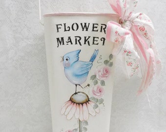 Flower Market Blooms, Hanging Metal Wall Pocket, Hand Painted Designer Art, Blue Bird, Roses, Stately Checks, Shabby Home Decor Accent