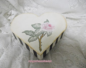 Wood Block Heart Riser, Black Side Stripes, Hand Painted Pink Rose, Home Display, Decor Accent, Shabby Chic, Romantic Farmhouse