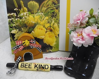 Bee Kind, 2pc Set, Bee Hive and Rolling Pin, Tiered Tray, Shelf Sitter, Gift Set, Summer Decor, Hand Painted and Designed, Cottage Style