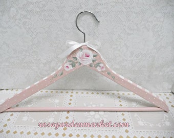 Cottage Pink Blush, Wood Clothes Hanger with Metal Hook, Hand Painted Cottage Roses, Closet Ready with Shabby Style