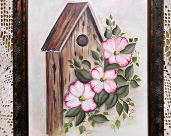 Dogwood Blooms and Birdhouse, Canvas Board Hand Painting, 12 by 16, Framed Home Decor, Wall Art, Display Accent,