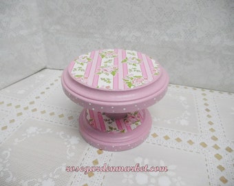 Wood Cupcake Holder, Hand Painted Pink with Rose Graphic Paper, Swiss Dots on Edge, 2 Tiered Display Bakery, Kitchen or Hutch Display