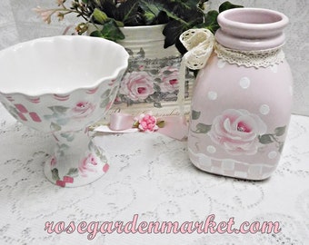 Pink Bottle Vase, Hand Painted with Trailing Roses and Checks, Shabby Cottage Accent, Home Decor