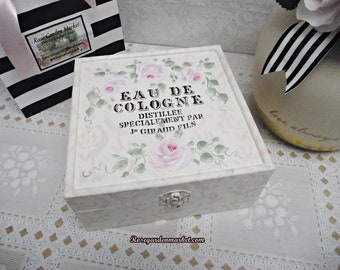 Eau De Cologne Wood Keepsake, Jewelry, Storage Box with Brocade Background and accented with my Signature Pink Roses. Shabby Pink