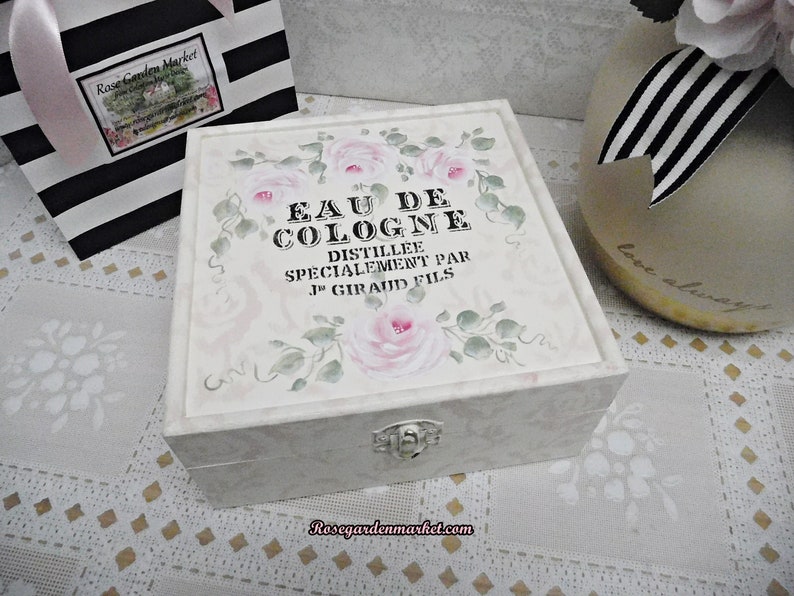 Eau De Cologne Wood Keepsake, Jewelry, Storage Box with Brocade Background and accented with my Signature Pink Roses. Shabby Pink image 1