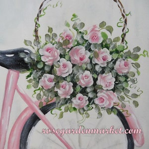 Love Blooms, Pink Bike Carrying a Basket of Pink Roses, Wood Canvas Sign with Stained Frame, OOAK, Shabby Cottage Wall Art, Romantic image 4
