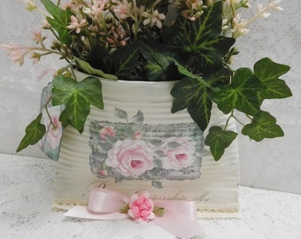 Tin Can Art, Wall Flower Pocket with Hand Painted Designer Roses on Graphic, Attached Accent Tag, Shabby Cottage with Stately Black Checks