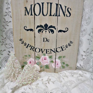Moulins de Provence, Hand Painted Pink Roses, Original Design Wood Fence Art, Wall Display, ECS image 2