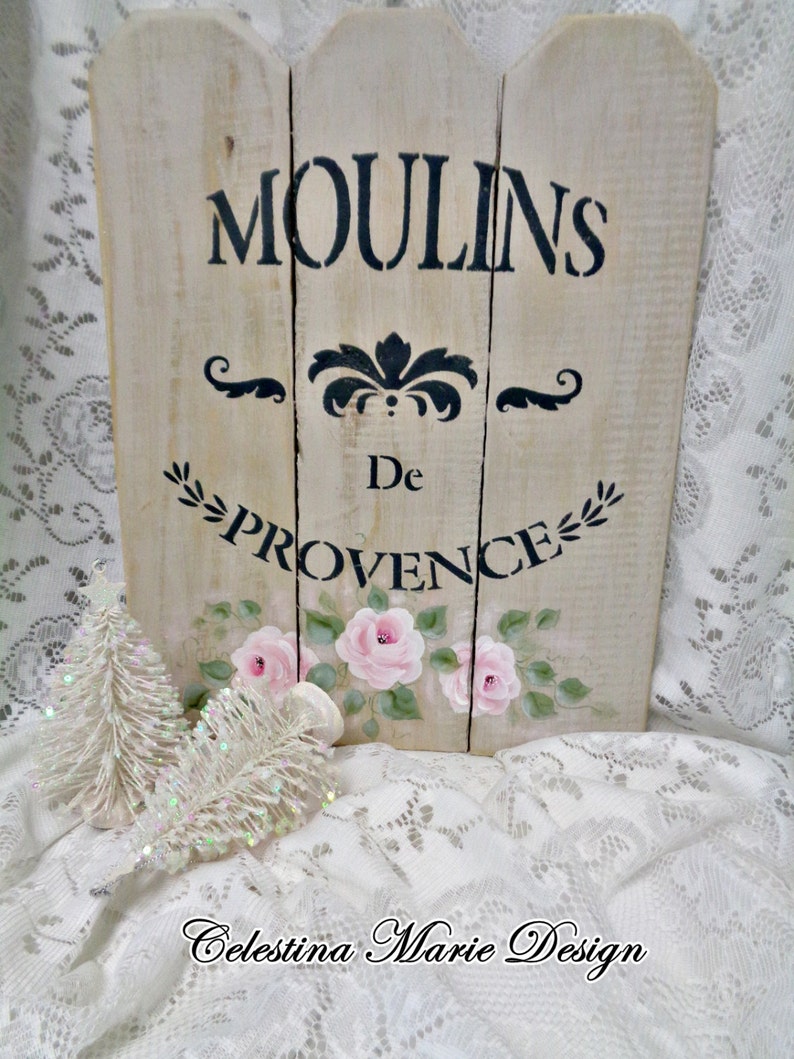 Moulins de Provence, Hand Painted Pink Roses, Original Design Wood Fence Art, Wall Display, ECS image 2