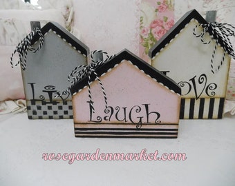 Decor Sampler Set, Live, Laugh, Love 3pc Wood Cottage Houses, Hand Painted Home Decor, Shelf Sitters, Tray Display, Collectible Gift Idea