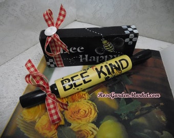 Bee Happy, Bee Kind, 2pc Set Rolling Pin, Shelf Sitter Sign, Tiered Tray Set, Shelf Sitter Accents, Hand Cut Wood, Painted and Designed Art