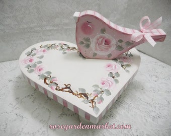 Sampler Set, Wood Riser Heart Shape with Rose Vine and Candle Cup Feet, Pink Rose Bird Included, Hand Cut Wood, Hand Painted