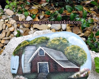 Summer Day in the Country, Hand Painted  Rock, Barn Scene, Garden Accent, Farmhouse Decor, ECS