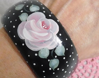 Wood Bangle Bracelet, Hand Painted Black, Swiss Dots and Cottage Pink Roses, Summer Fun Fashion Accent, Hand Created