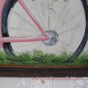 Love Blooms, Pink Bike Carrying a Basket of Pink Roses, Wood Canvas Sign with Stained Frame, OOAK, Shabby Cottage Wall Art, Romantic image 5