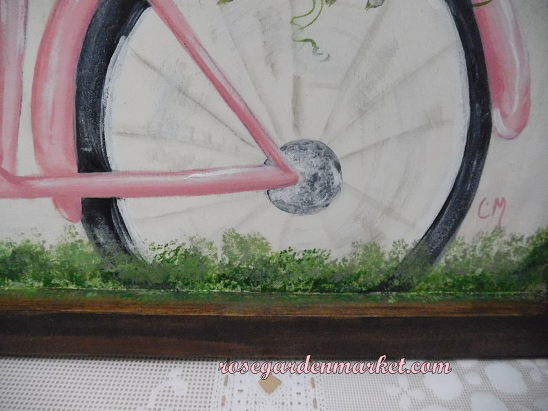 Love Blooms, Pink Bike Carrying a Basket of Pink Roses, Wood Canvas Sign with Stained Frame, OOAK, Shabby Cottage Wall Art, Romantic image 5