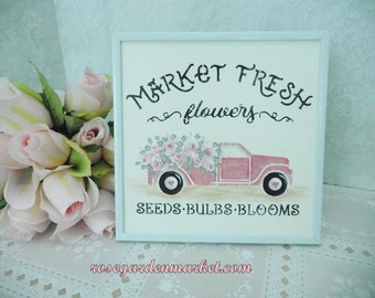 Market Fresh Flowers, Hand Painted Pink Truck Art, 8"x8" Flat Canvas Art, Framed with Easel, Home Accent, Shabby Cottage Spring Decor, OOAK