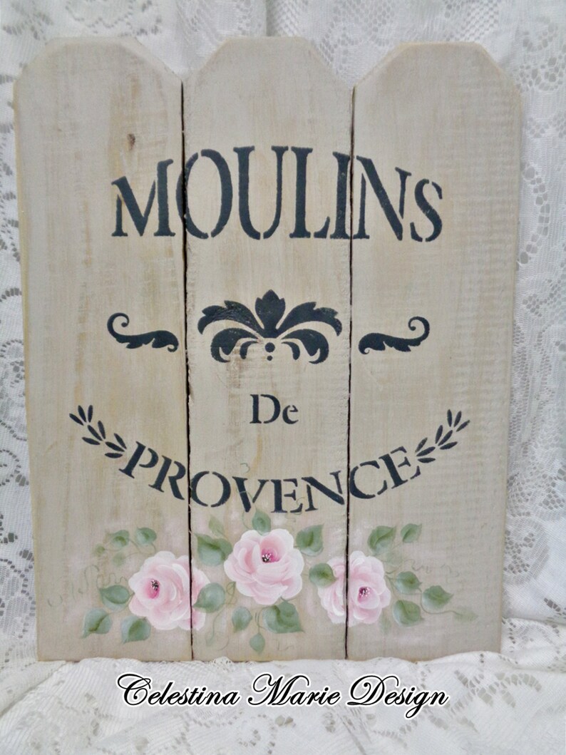 Moulins de Provence, Hand Painted Pink Roses, Original Design Wood Fence Art, Wall Display, ECS image 1