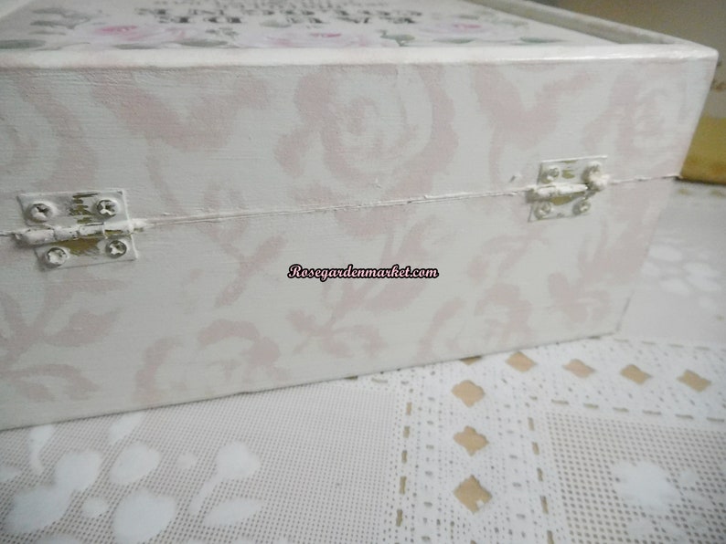 Eau De Cologne Wood Keepsake, Jewelry, Storage Box with Brocade Background and accented with my Signature Pink Roses. Shabby Pink image 6