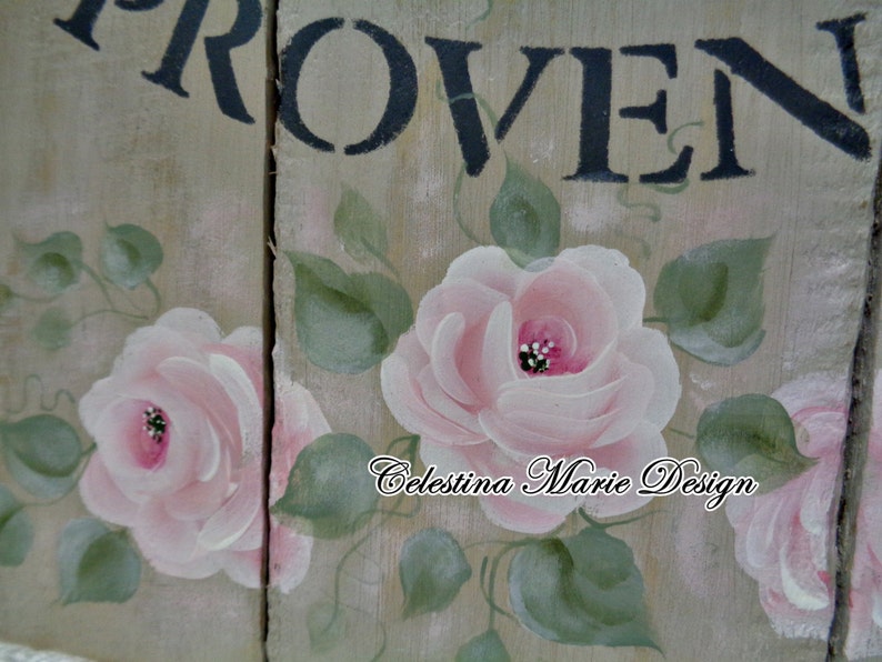 Moulins de Provence, Hand Painted Pink Roses, Original Design Wood Fence Art, Wall Display, ECS image 4