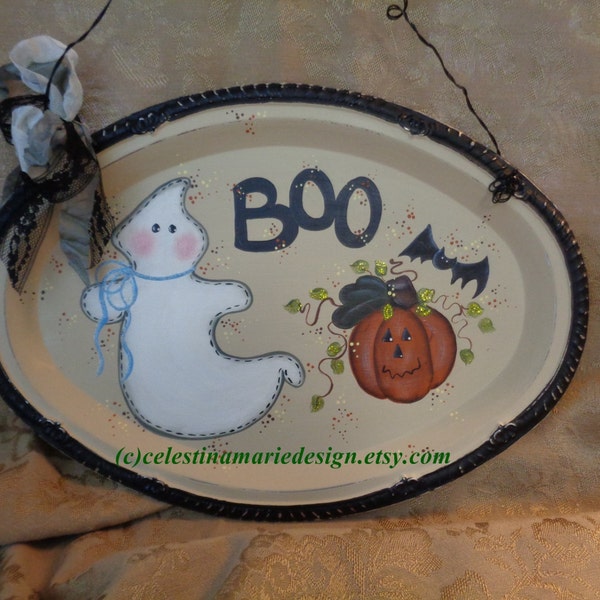 Halloween Boo Sign, Hand Painted Metal Oval Catering Tray, Display, Halloween Decor, Door, Wall Sign, ECS