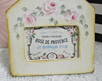 Small House Frame French Graphic Design, Shelf Sitter, Tiered Tray Filler, Vignette Accent, Hand Painted and Created with Hand Painted Roses