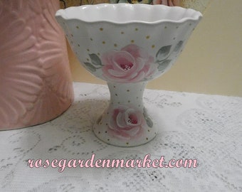 Ceramic Candy Dish Compote Style Pedestal with Scallop Top, Hand Painted Roses, Details and Strokes, Checks and Swiss Dots