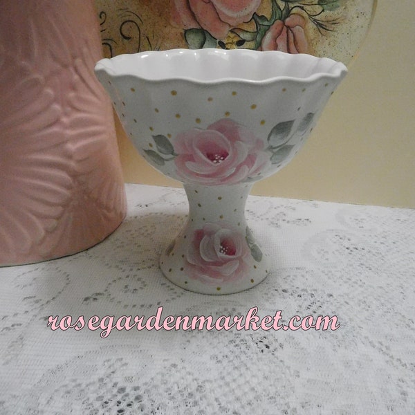Ceramic Candy Dish Compote Style Pedestal with Scallop Top, Hand Painted Roses, Details and Strokes, Checks and Swiss Dots