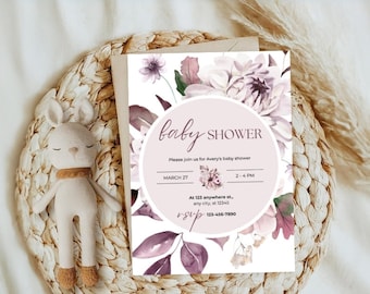 Purple Flower Baby Shower Invite, Floral Baby Shower Invitation, Printable Purple Baby Shower Template, Canva Baby Girl Shower Invitation