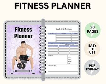 May include: A printable fitness planner with a purple cover featuring a man lifting weights. The planner includes sections for goals, reflections, and progress tracking. It is a 20-page PDF document.