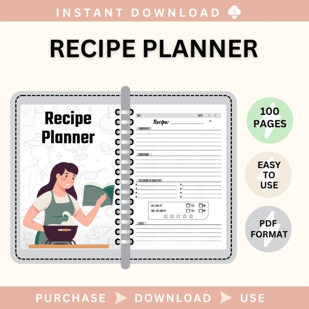 Recipe Planner Printable, Digital Meal Planner, Meal Prep Planner