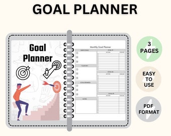 May include: A printable goal planner with a cartoon illustration of a person climbing a staircase to reach a target. The planner has sections for main goals, your why, goal rewards, notes, and three goal sections with columns for action and deadline. The planner is available in PDF format and has three pages.