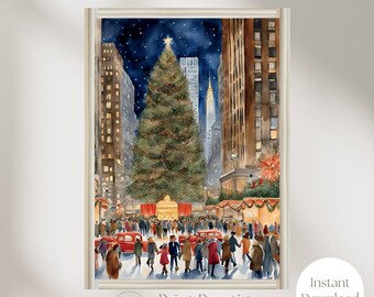 Arte de pared imprimible de Navidad vintage en Nueva York, acuarela de invierno del Rockefeller Center de Nueva York, decoración navideña, regalo de Navidad