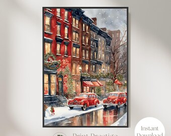 Arte de pared imprimible de Navidad vintage en Nueva York, pintura de acuarela de invierno en la ciudad de Nueva York, decoración navideña, arte navideño de Nueva York, regalo de Navidad