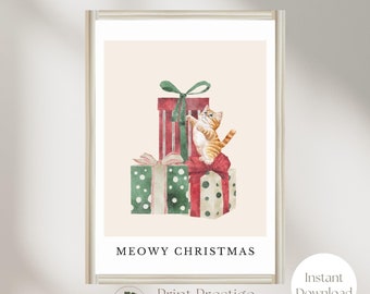 May include: A watercolor illustration of a cat sitting on top of a stack of Christmas presents. The presents are wrapped in red, green, and white paper with polka dots. The text "MEOWY CHRISTMAS" is printed below the image.