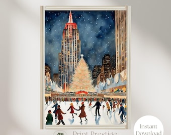 Vintage Christmas in NYC Wall Art Printable, Rockefeller Center Ice Skating Watercolor, New York City Holiday Decor, Winter Prints