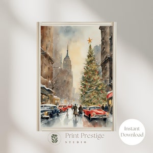 Vintage Christmas in NYC Wall Art Printable, New York City Winter Watercolor, Instant Download Holiday Decor