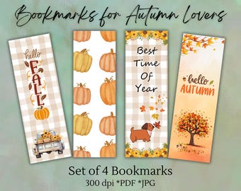 Könnte beinhalten: Satz mit vier Lesezeichen zum Thema Herbst. Die Lesezeichen haben einen karierten Hintergrund mit verschiedenen herbstlichen Designs, darunter Kürbisse, ein Hund, ein Baum und die Worte "hello fall" und "hello autumn".