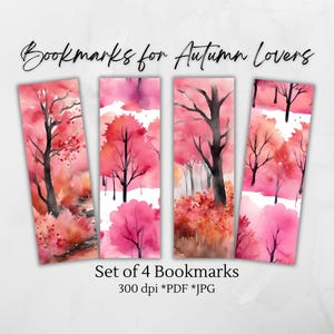 Pink Autumn Fall Watercolor Bookmarks | Floral & Whimsical Bookmark Set | Printable Digital Book Accessories | Instant Download